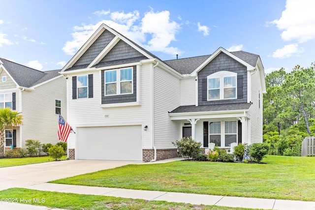 2526 Longleaf Pine Cir, Leland, NC 28451 - craftsman house featuring covered porch, driveway, an attached garage, and a front lawn