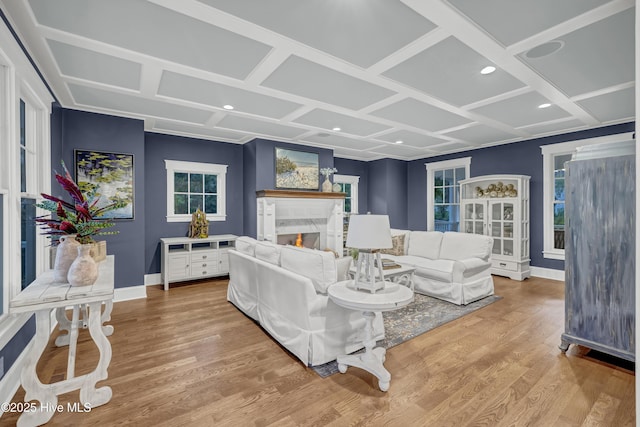 318 Cabbage Inlet Ln, Wilmington, NC 28409 - living area featuring coffered ceiling, light wood-style flooring, a premium fireplace, and recessed lighting