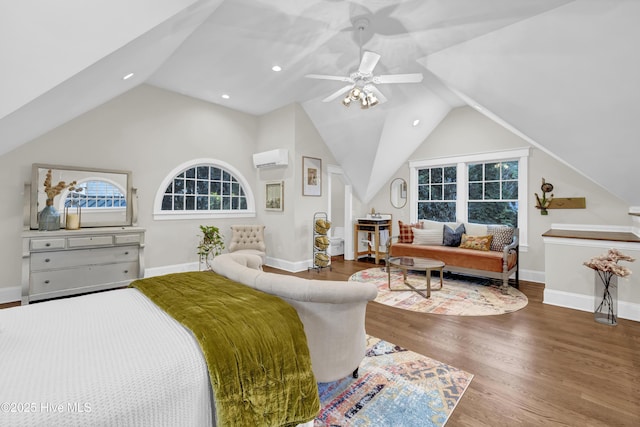 318 Cabbage Inlet Ln, Wilmington, NC 28409 - bedroom with wood finished floors, lofted ceiling, a ceiling fan, an AC wall unit, and recessed lighting