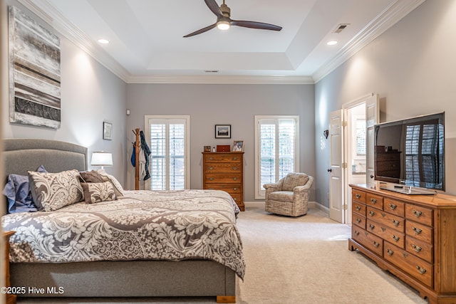56 Kilbride Dr, Pinehurst, NC 28374 - bedroom with light carpet, a raised ceiling, ornamental molding, a ceiling fan, and recessed lighting