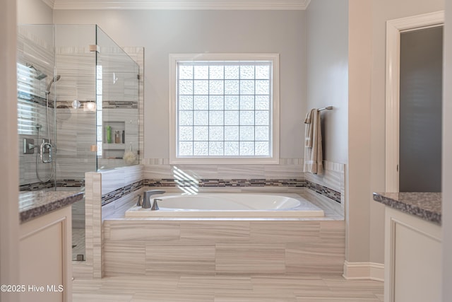56 Kilbride Dr, Pinehurst, NC 28374 - bathroom with crown molding, a bath, a stall shower, and vanity
