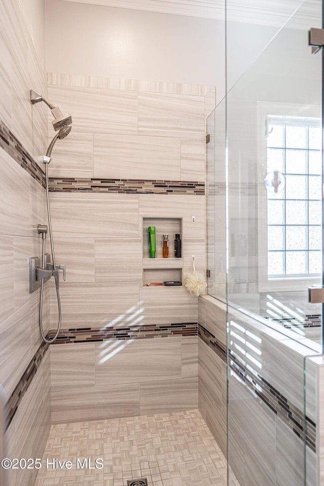 56 Kilbride Dr, Pinehurst, NC 28374 - bathroom with a shower stall and crown molding