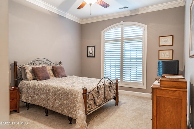 56 Kilbride Dr, Pinehurst, NC 28374 - bedroom with light carpet, ornamental molding, and ceiling fan