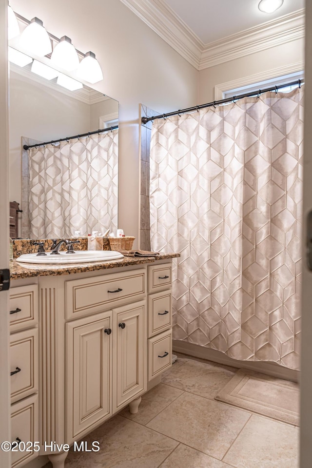 56 Kilbride Dr, Pinehurst, NC 28374 - bathroom with vanity, crown molding, tile patterned floors, and a shower with shower curtain