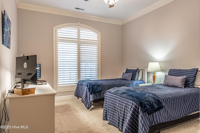 56 Kilbride Dr, Pinehurst, NC 28374 - bedroom with light colored carpet, crown molding, and a ceiling fan