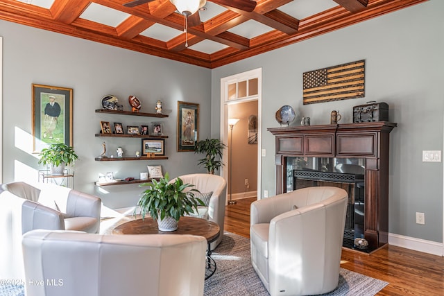 56 Kilbride Dr, Pinehurst, NC 28374 - living room featuring a premium fireplace, dark wood finished floors, coffered ceiling, beamed ceiling, and crown molding