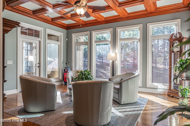 56 Kilbride Dr, Pinehurst, NC 28374 - sunroom with healthy amount of natural light, coffered ceiling, crown molding, and beam ceiling