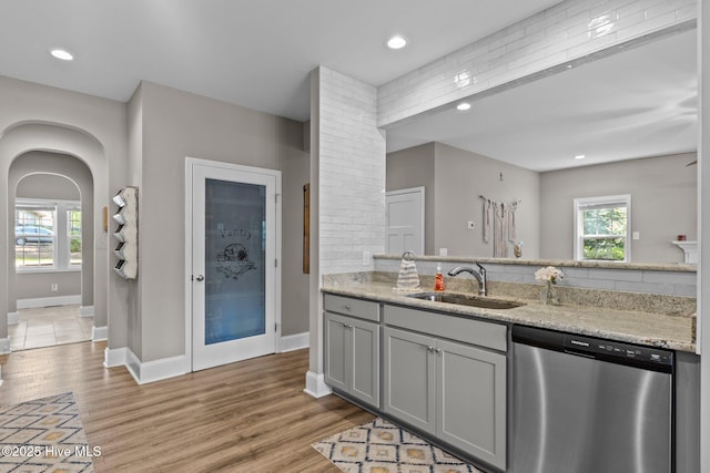 16 Starlit Ln, Pinehurst, NC 28374 - kitchen with dishwasher, gray cabinetry, light wood-type flooring, light stone counters, and recessed lighting