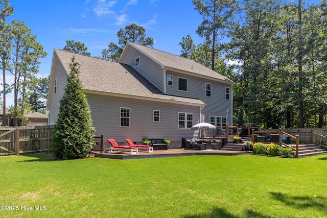 16 Starlit Ln, Pinehurst, NC 28374 - back of house featuring outdoor lounge area, a wooden deck, and a shingled roof
