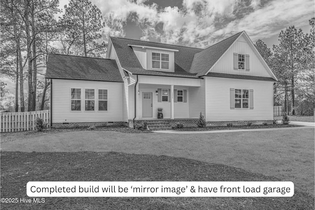 1165 Burning Tree Rd, Pinehurst, NC 28374 - modern farmhouse style home with crawl space, a porch, and a shingled roof