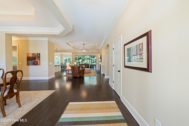 2675 Four Oak Rd, Southport, NC 28461 - corridor featuring a raised ceiling, ornamental molding, and dark wood-style flooring