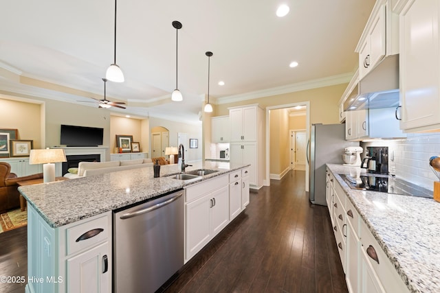 2675 Four Oak Rd, Southport, NC 28461 - kitchen with appliances with stainless steel finishes, a ceiling fan, white cabinets, crown molding, and backsplash