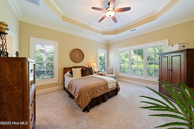 2675 Four Oak Rd, Southport, NC 28461 - bedroom featuring a raised ceiling, ornamental molding, multiple windows, and light carpet
