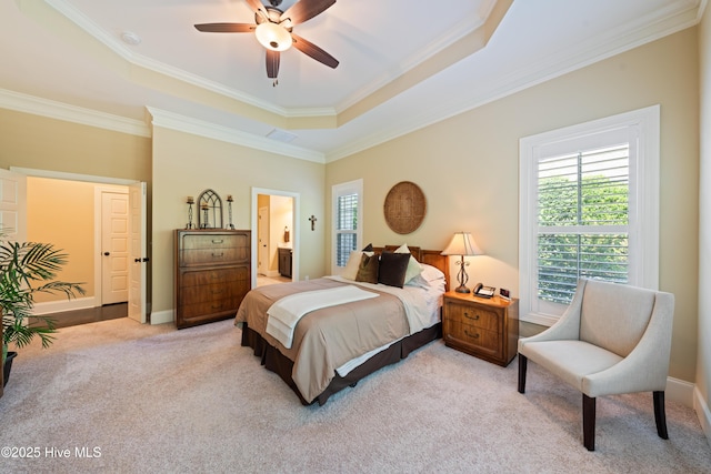 2675 Four Oak Rd, Southport, NC 28461 - bedroom featuring light colored carpet, multiple windows, a raised ceiling, crown molding, and connected bathroom
