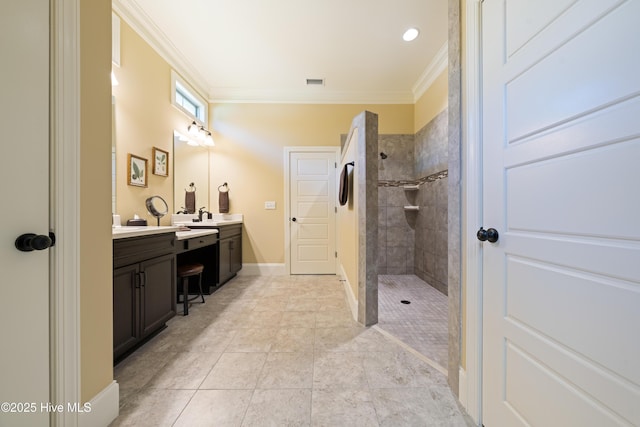 2675 Four Oak Rd, Southport, NC 28461 - full bath with double vanity, walk in shower, crown molding, and tile patterned flooring