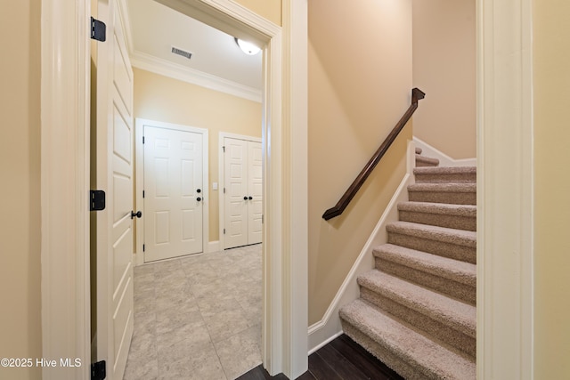 2675 Four Oak Rd, Southport, NC 28461 - stairway featuring ornamental molding and baseboards