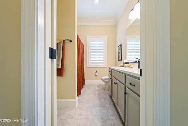 2675 Four Oak Rd, Southport, NC 28461 - bathroom with vanity, crown molding, and a shower with shower curtain
