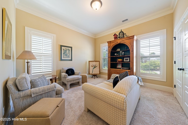 2675 Four Oak Rd, Southport, NC 28461 - living room featuring crown molding and light carpet