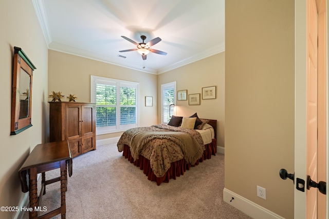 2675 Four Oak Rd, Southport, NC 28461 - bedroom featuring light colored carpet, crown molding, and a ceiling fan