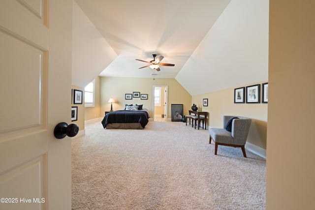 2675 Four Oak Rd, Southport, NC 28461 - bedroom featuring carpet flooring, lofted ceiling, and a ceiling fan