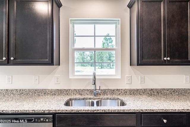 481 Peggy Mill Rd, Hamlet, NC 28345 - kitchen featuring stainless steel dishwasher, dark brown cabinetry, and light stone counters