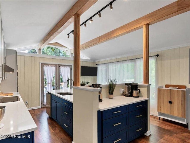 2670 Longleaf Dr SW, Pinehurst, NC 28374 - kitchen with blue cabinetry, dishwashing machine, dark wood finished floors, light countertops, and wooden walls
