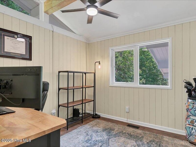 2670 Longleaf Dr SW, Pinehurst, NC 28374 - office featuring a ceiling fan, wood finished floors, and wood walls