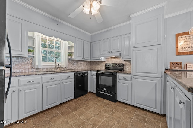 116 Waterside Dr, Bath, NC 27808 - kitchen with black appliances, under cabinet range hood, ornamental molding, ceiling fan, and backsplash