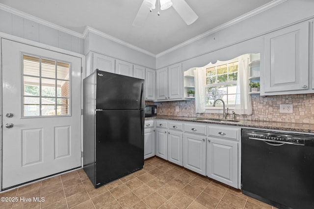 116 Waterside Dr, Bath, NC 27808 - kitchen with black appliances, open shelves, white cabinets, decorative backsplash, and crown molding
