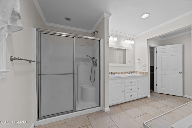 116 Waterside Dr, Bath, NC 27808 - bathroom featuring double vanity, a shower stall, and crown molding