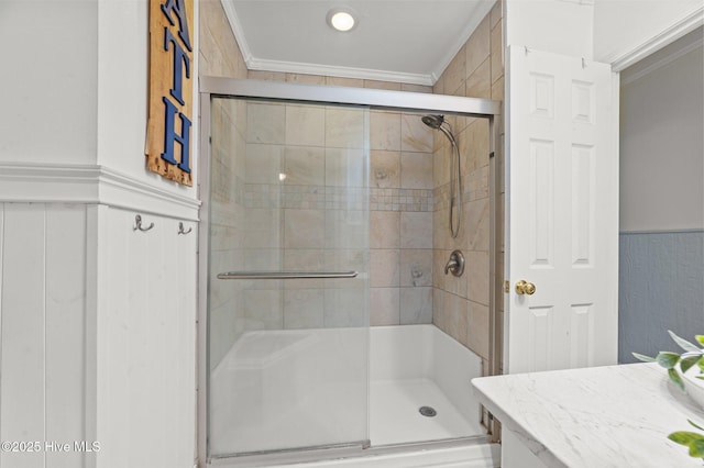 116 Waterside Dr, Bath, NC 27808 - bathroom with a shower stall, wainscoting, vanity, and crown molding