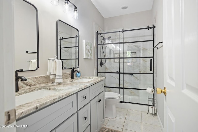 826 Shelton Ct, Wilmington, NC 28412 - bathroom featuring a shower stall, double vanity, and tile patterned flooring