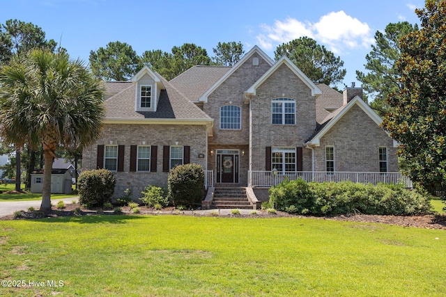 106 Blue Heron Cir, Sneads Ferry, NC 28460 - traditional-style house with brick siding, a front lawn, a chimney, and a shingled roof