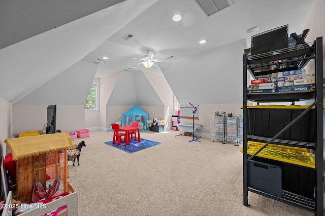 106 Blue Heron Cir, Sneads Ferry, NC 28460 - playroom with carpet flooring, recessed lighting, lofted ceiling, and ceiling fan