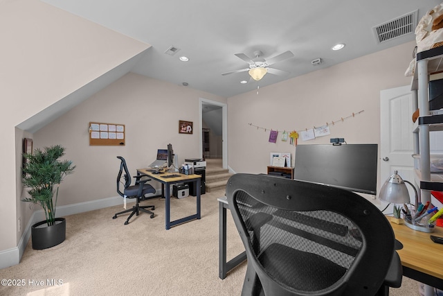 106 Blue Heron Cir, Sneads Ferry, NC 28460 - office area featuring a ceiling fan, recessed lighting, and light carpet