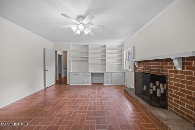 1902 York St, Kinston, NC 28504 - unfurnished living room featuring brick patterned flooring, ceiling fan, a textured ceiling, built in study area, and crown molding