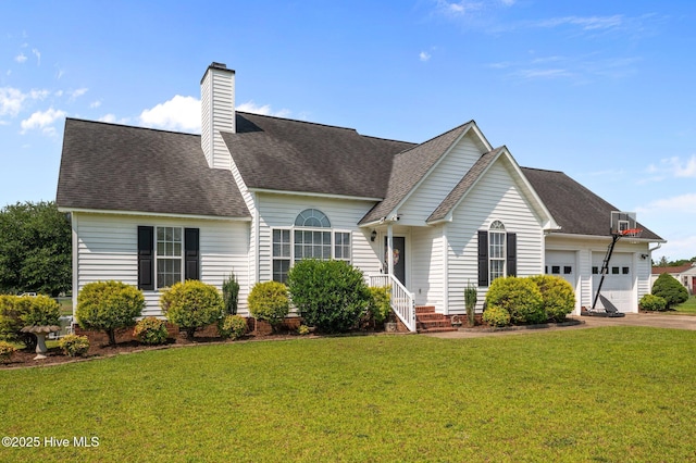 2824 Preston Ln, Grimesland, NC 27837 - view of front of property featuring an attached garage, a front yard, driveway, a chimney, and roof with shingles