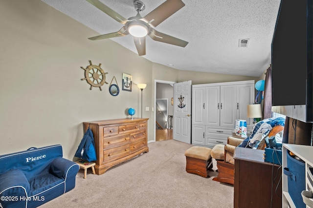 2824 Preston Ln, Grimesland, NC 27837 - bedroom featuring lofted ceiling, a textured ceiling, carpet floors, a closet, and ceiling fan