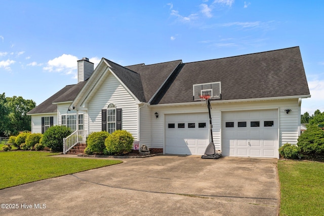 2824 Preston Ln, Grimesland, NC 27837 - view of front of home featuring concrete driveway, a front lawn, roof with shingles, and a chimney