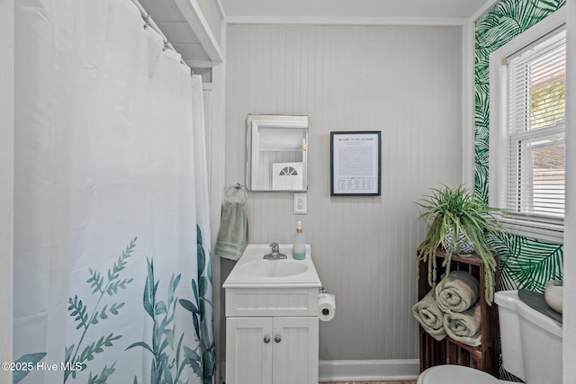 203 James St, Vanceboro, NC 28586 - bathroom featuring vanity, a shower with curtain, and ornamental molding