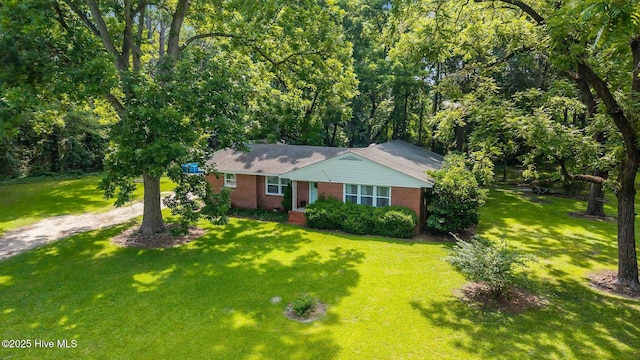203 James St, Vanceboro, NC 28586 - single story home with brick siding, a front lawn, and dirt driveway