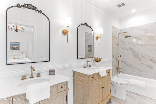 503 S 3rd St, Wilmington, NC 28401 - full bath featuring vanity,  shower combination, crown molding, a chandelier, and marble finish floors