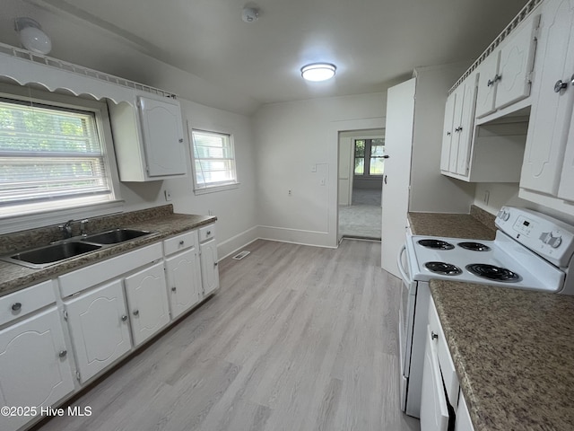 148 N Mitchell Ford Rd, Clarkton, NC 28433 - kitchen with electric range, plenty of natural light, white cabinets, and light wood-style floors