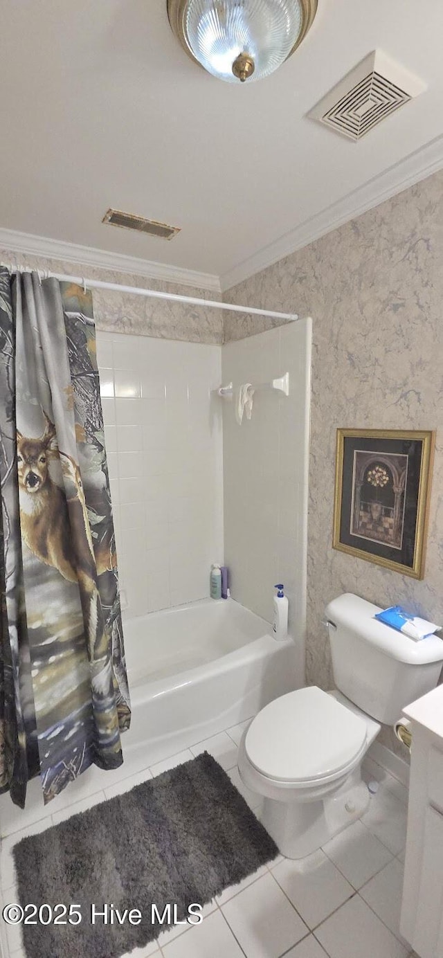 3129 Lake Pointe Trl, Rocky Mount, NC 27804 - bathroom with ornamental molding, shower / bath combo with shower curtain, tile patterned flooring, and vanity