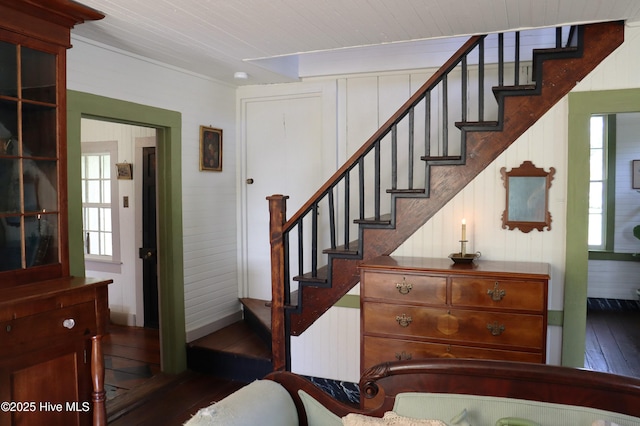 212 Carteret St, Bath, NC 27808 - stairway with wood-type flooring, plenty of natural light, wooden walls, and wooden ceiling