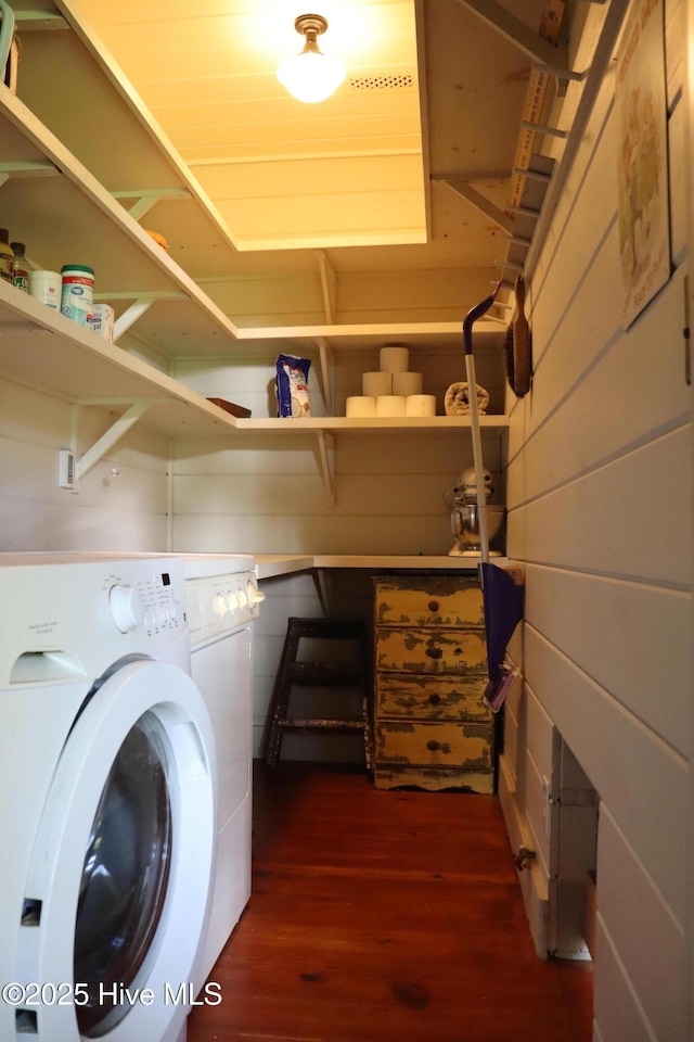 212 Carteret St, Bath, NC 27808 - laundry area with dark wood-style floors and washer and dryer