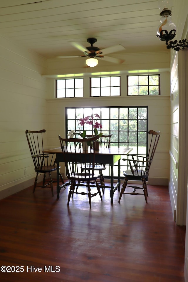 212 Carteret St, Bath, NC 27808 - dining space featuring ceiling fan, wood finished floors, and wood ceiling