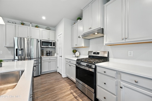 129 Glenmoor Path, Moyock, NC 27958 - kitchen with appliances with stainless steel finishes, under cabinet range hood, light countertops, wood finished floors, and recessed lighting