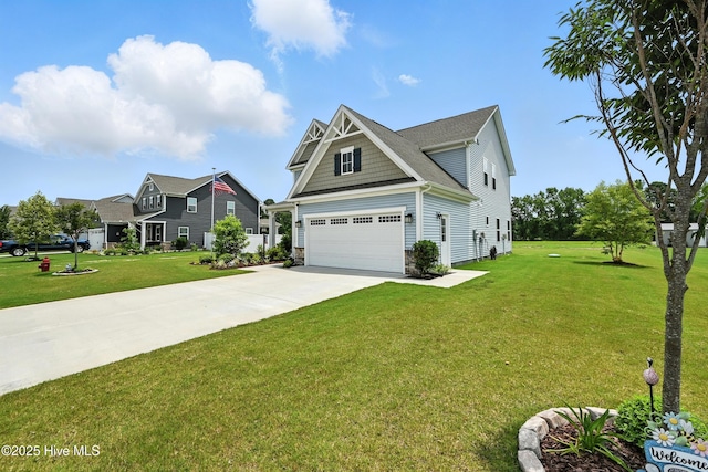 129 Glenmoor Path, Moyock, NC 27958 - craftsman house featuring concrete driveway, a front lawn, a garage, and stone siding