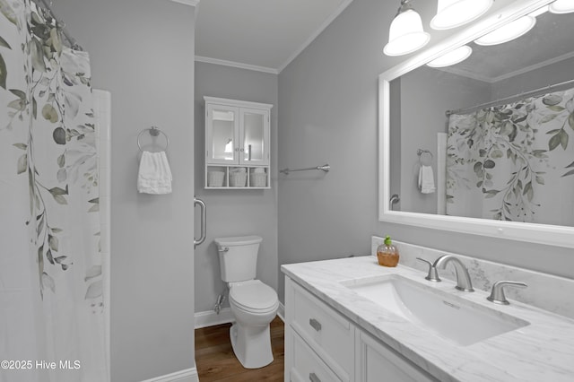 2704 Forrest Dr, Kinston, NC 28504 - full bathroom featuring vanity, wood finished floors, ornamental molding, and a shower with curtain